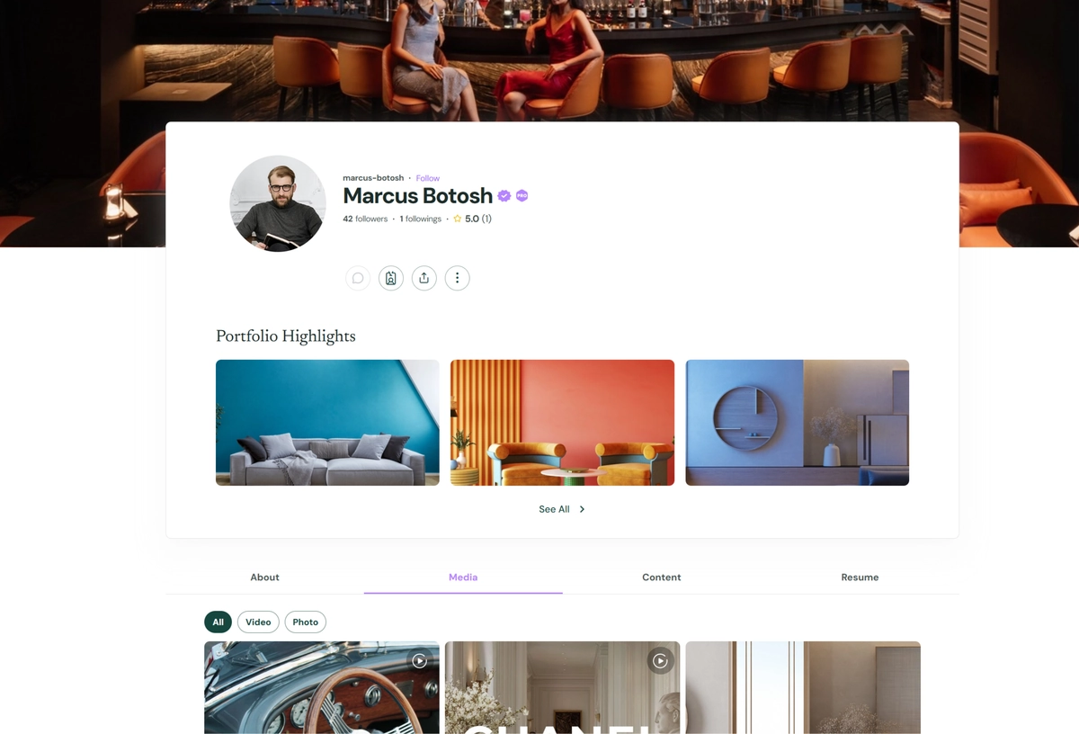 A spotlight view of a freelancer’s profile, showcasing their work and latest activity.
