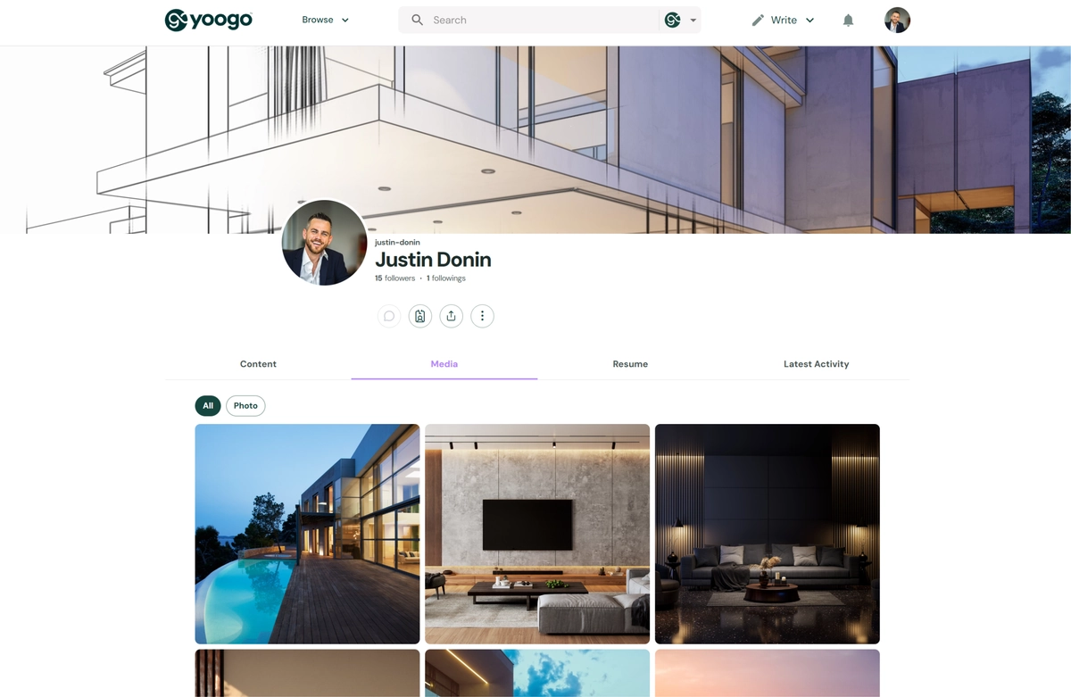 An example profile showing the Content, Media, Resume, and Latest Activity sections.